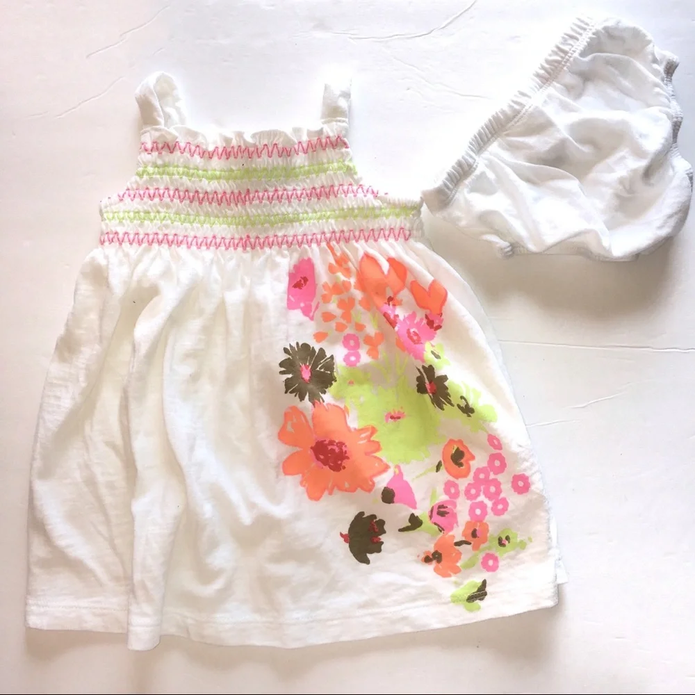 Old Navy Dress White Smocked Neon Floral + Bloomers 3-6 months NEW
